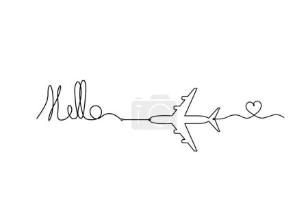 Foto de Calligraphic inscription of word "bonjour", "hello" with plane as continuous line drawing on white  background - Imagen libre de derechos