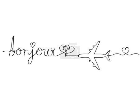 Photo for Calligraphic inscription of word "bonjour", "hello" with plane as continuous line drawing on white  background - Royalty Free Image