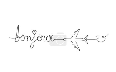 Téléchargez les photos : Calligraphic inscription of word "bonjour", "hello" with plane as continuous line drawing on white  background - en image libre de droit