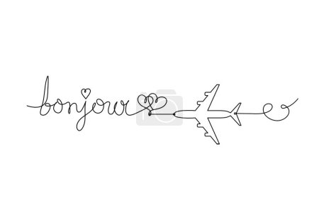 Foto de Calligraphic inscription of word "bonjour", "hello" with plane as continuous line drawing on white  background - Imagen libre de derechos