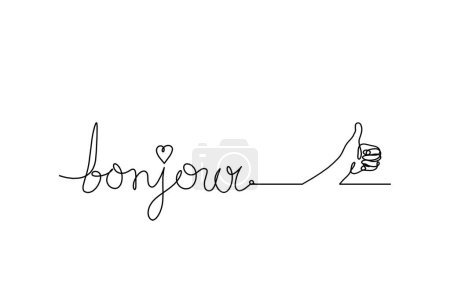 Foto de Calligraphic inscription of word "bonjour", "hello" with  hand as continuous line drawing on white  background - Imagen libre de derechos