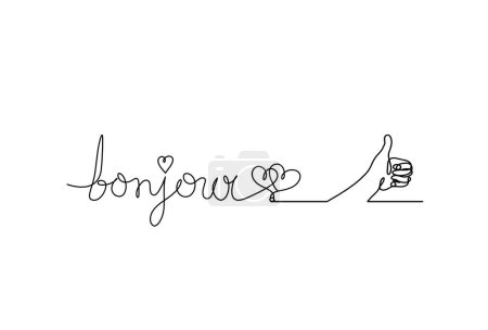 Téléchargez les photos : Calligraphic inscription of word "bonjour", "hello" with  hand as continuous line drawing on white  background - en image libre de droit