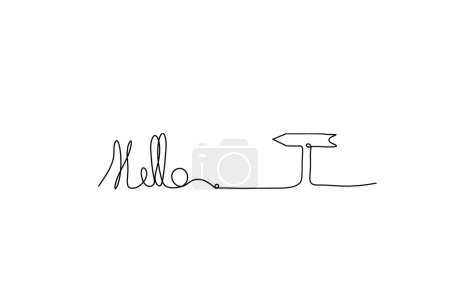 Foto de Calligraphic inscription of word "bonjour", "hello" with direction as continuous line drawing on white  background - Imagen libre de derechos