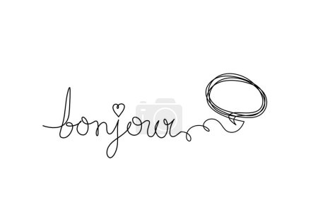 Foto de Calligraphic inscription of word "bonjour", "hello" with comment as continuous line drawing on white  background - Imagen libre de derechos