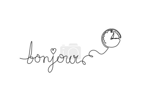 Téléchargez les photos : Calligraphic inscription of word "bonjour", "hello" with clock as continuous line drawing on white  background - en image libre de droit