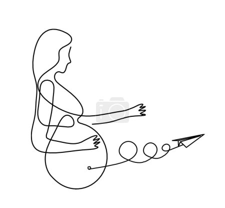 Foto de Mother silhouette body with paper plane as line drawing picture on white - Imagen libre de derechos
