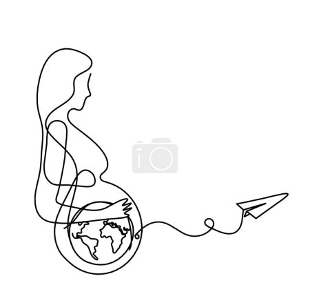 Photo for Mother silhouette body with paper plane as line drawing picture on white - Royalty Free Image