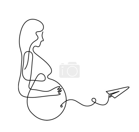 Photo for Mother silhouette body with paper plane as line drawing picture on white - Royalty Free Image