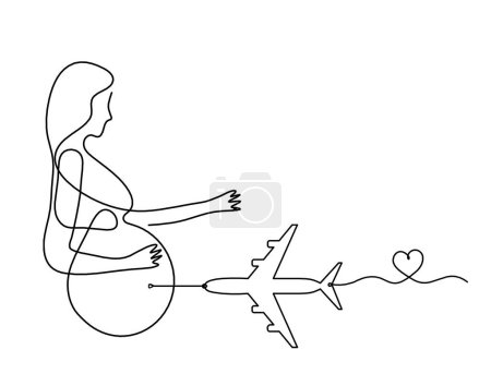 Téléchargez les photos : Mother silhouette body with plane as line drawing picture on white - en image libre de droit