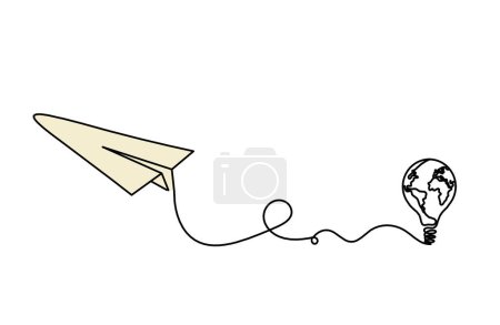 Foto de Abstract color paper plane with light bulb as line drawing on white as background - Imagen libre de derechos
