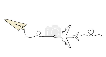 Foto de Abstract color paper plane with plane as line drawing on white as background - Imagen libre de derechos