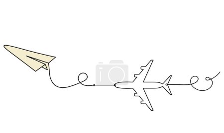 Photo for Abstract color paper plane with plane as line drawing on white as background - Royalty Free Image
