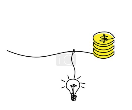 Photo for Abstract color coins dollar with light bulb as continuous lines drawing on white background - Royalty Free Image