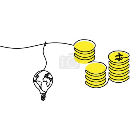 Photo for Abstract color coins dollar with light bulb as continuous lines drawing on white background - Royalty Free Image