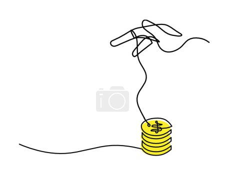 Foto de Abstract color coins dollar with hand as continuous lines drawing on white background - Imagen libre de derechos