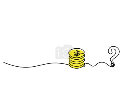 Téléchargez les photos : Abstract color coins dollar with question mark as continuous lines drawing on white background - en image libre de droit