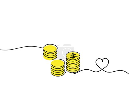 Foto de Abstract color coins dollar with heart as continuous lines drawing on white background - Imagen libre de derechos