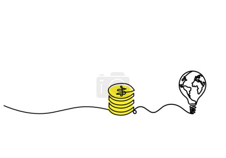 Foto de Abstract color coins dollar with light bulb as continuous lines drawing on white background - Imagen libre de derechos