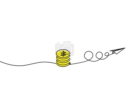 Foto de Abstract color coins dollar with paper plane as continuous lines drawing on white background - Imagen libre de derechos
