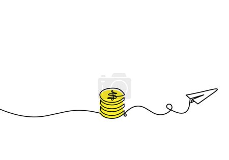 Téléchargez les photos : Abstract color coins dollar with paper plane as continuous lines drawing on white background - en image libre de droit