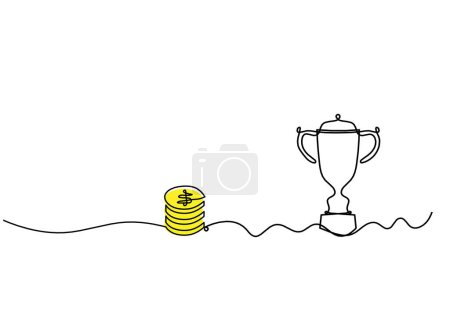 Téléchargez les photos : Dollar de pièces de couleur abstraite avec trophée comme lignes continues dessin sur fond blanc - en image libre de droit