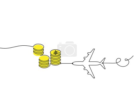 Foto de Abstract color coins dollar with plane as continuous lines drawing on white background - Imagen libre de derechos