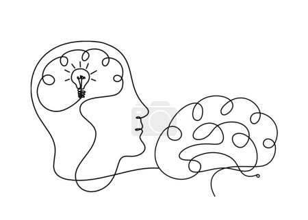 Foto de Hombre silueta cerebro como dibujo de línea sobre fondo blanco - Imagen libre de derechos