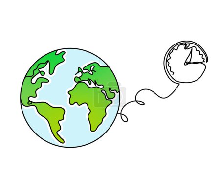 Téléchargez les photos : Abstraite planète de couleur Terre avec horloge comme dessin de ligne sur fond blanc - en image libre de droit