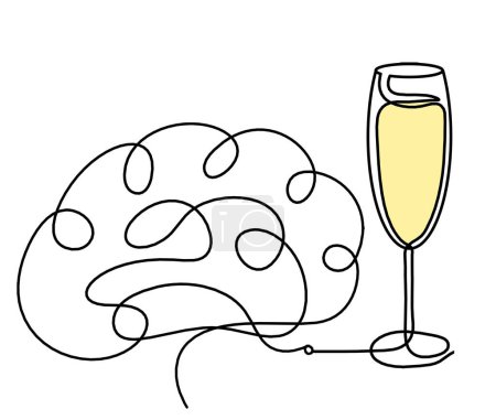 Foto de Dibujo de la línea de color vinícola con el cerebro en el fondo blanco - Imagen libre de derechos