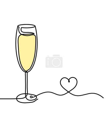 Téléchargez les photos : Ligne de dessin couleur verre à vin avec coeur sur le fond blanc - en image libre de droit