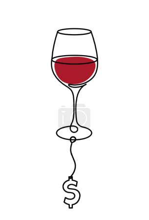 Téléchargez les photos : Ligne de dessin couleur verre à vin avec dollar sur le fond blanc - en image libre de droit