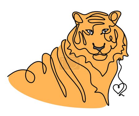 Téléchargez les photos : Silhouette de tigre de couleur abstraite avec coeur comme dessin de ligne sur blanc - en image libre de droit