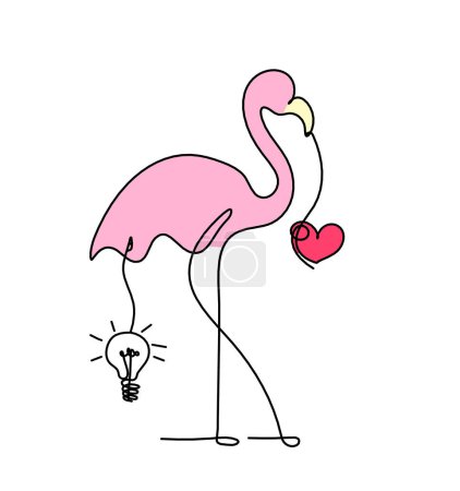 Photo for Silhouette of abstract  color flamingo with light bulb as line drawing on white background - Royalty Free Image