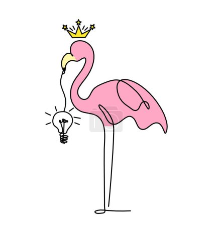Téléchargez les photos : Silhouette de flamant rose abstrait avec ampoule comme dessin à la ligne sur fond blanc - en image libre de droit