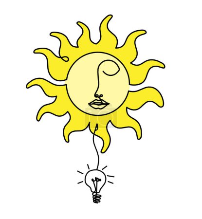 Foto de Cara de sol de color abstracto con bombilla como dibujo de línea sobre fondo blanco - Imagen libre de derechos