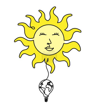 Téléchargez les photos : Visage solaire couleur abstraite avec ampoule comme dessin de ligne sur fond blanc - en image libre de droit
