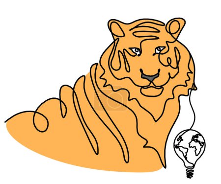 Téléchargez les photos : Silhouette de tigre de couleur abstraite avec ampoule comme dessin de ligne sur blanc - en image libre de droit