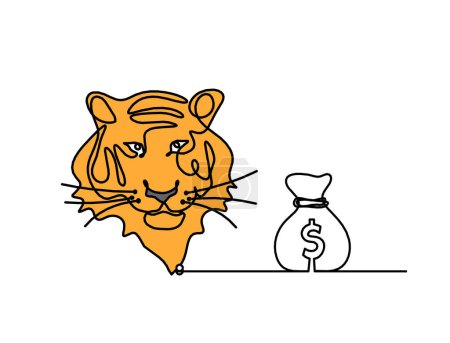 Photo for Silhouette of abstract color tiger with dollar as line drawing on white - Royalty Free Image