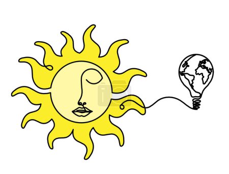 Téléchargez les photos : Visage solaire couleur abstraite avec ampoule comme dessin de ligne sur fond blanc - en image libre de droit