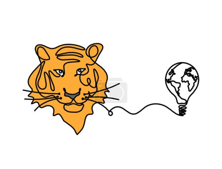 Photo for Silhouette of abstract color tiger with light bulb as line drawing on white - Royalty Free Image