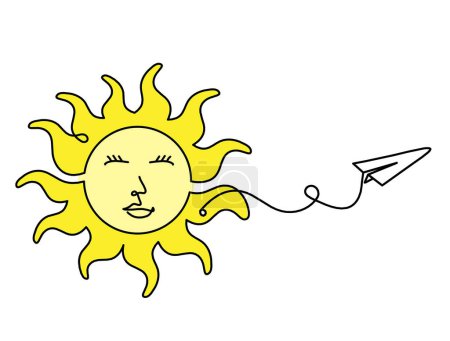 Photo for Abstract color sun-face with paper plane as line drawing on white background - Royalty Free Image