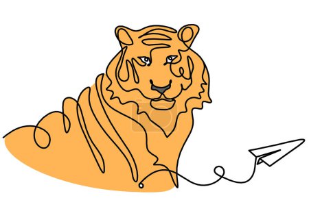 Photo for Silhouette of abstract color tiger with paper plane as line drawing on white - Royalty Free Image