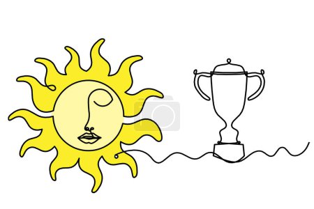 Téléchargez les photos : Abstrait couleur soleil-visage avec trophée comme dessin de ligne sur fond blanc - en image libre de droit