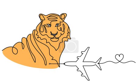 Photo for Silhouette of abstract color tiger with plane as line drawing on white - Royalty Free Image