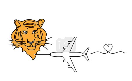 Photo for Silhouette of abstract color tiger with plane as line drawing on white - Royalty Free Image