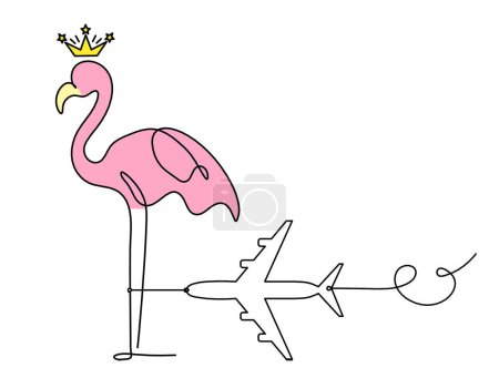 Photo for Silhouette of abstract  color flamingo with plane as line drawing on white background - Royalty Free Image