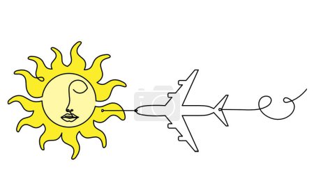 Photo for Abstract color sun-face with plane as line drawing on white background - Royalty Free Image