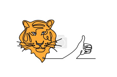 Téléchargez les photos : Silhouette de tigre de couleur abstraite avec la main comme dessin à la ligne sur blanc - en image libre de droit