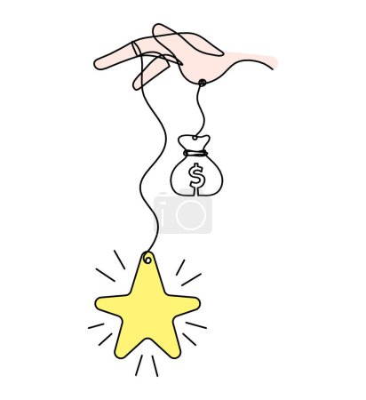Foto de Estrella de color abstracta con la mano y el dólar como dibujo de línea sobre fondo blanco - Imagen libre de derechos
