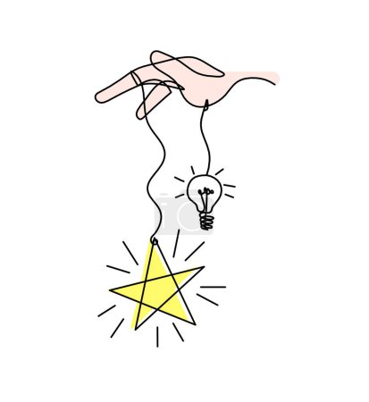 Foto de Estrella de color abstracta con mano y bombilla como dibujo de línea sobre fondo blanco - Imagen libre de derechos